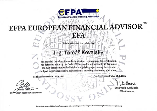 Certifikát European Financial Advisor Ing. Tomáša Kovalského